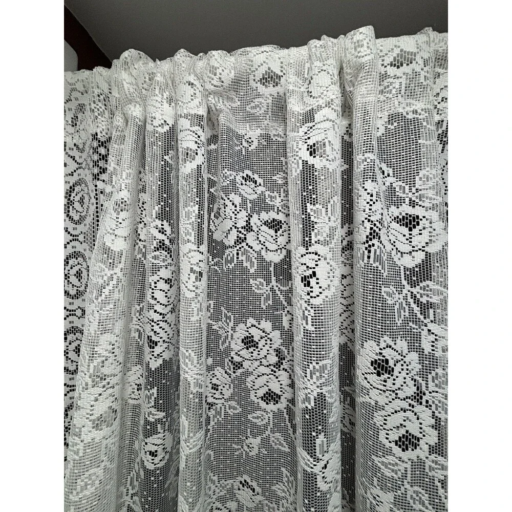 VTG White Lace Curtain Panel 60” W X 84” L Cottagecore 80’s / 90’s Cabbage Roses